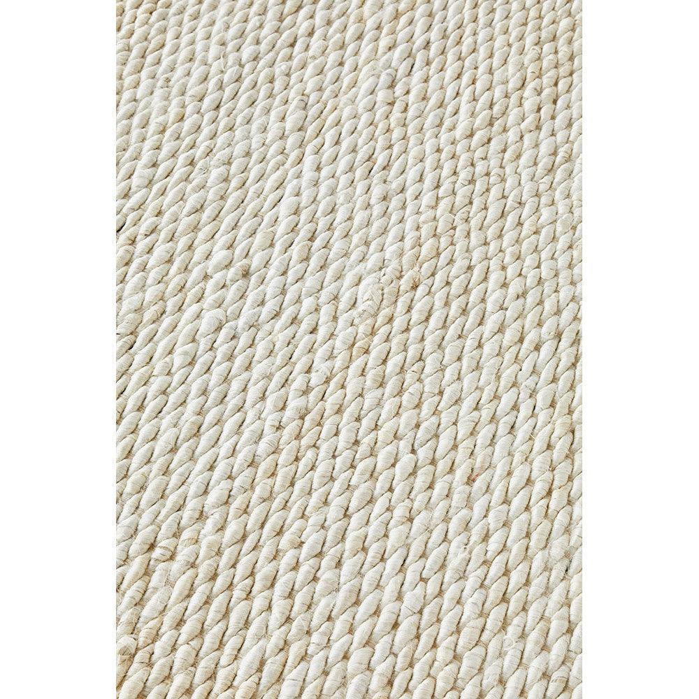 Hive White Rug featuring twisted rope weave in ivory and cream on white background, hand-woven jute