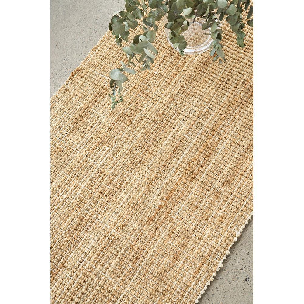 Madras Marlo Natural Runner Rug featuring textured woven stripe pattern in beige, tan & natural jute on grey background, hand-woven jute