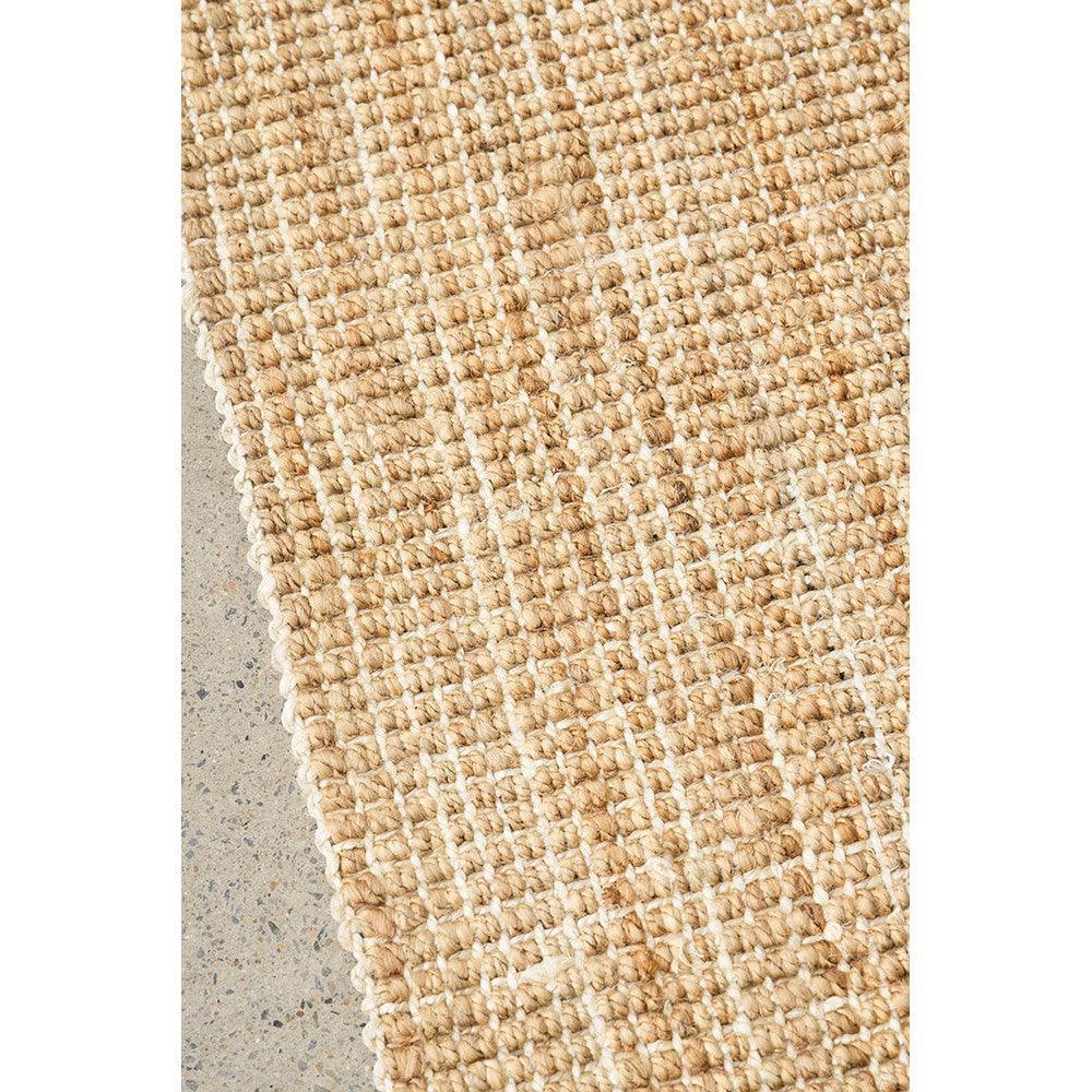Madras Marlo Natural Runner Rug featuring striped woven pattern in beige, taupe and cream on natural background, hand-woven jute