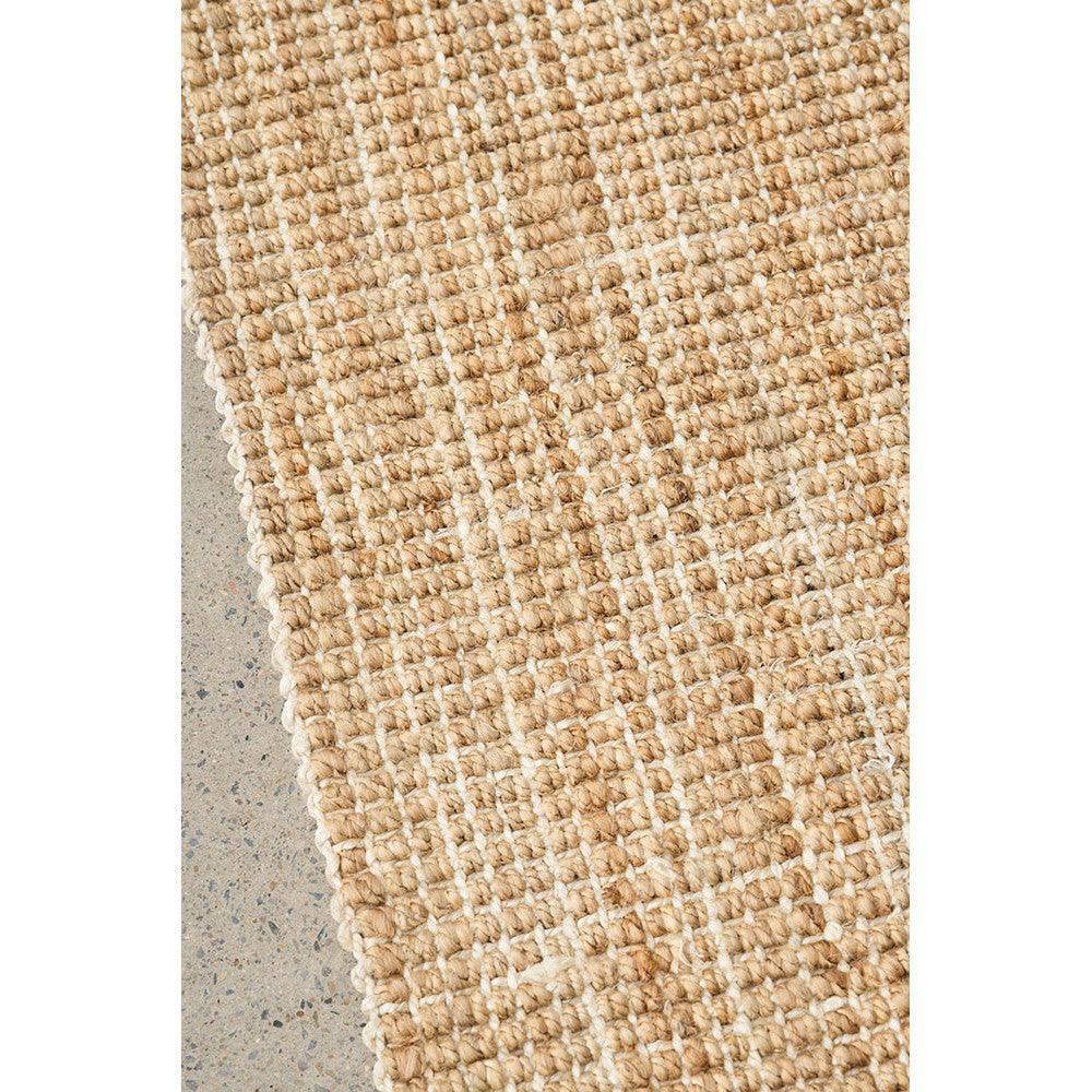 Madras Marlo Jute Rug featuring textured woven stripes in beige, tan and ivory on cream background, hand-woven jute