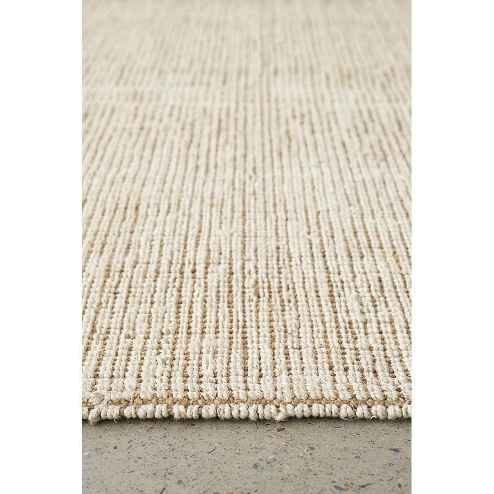 Madras Marlo White Jute Runner Rug featuring striped textured pattern in cream, ivory on light beige background, hand-woven jute