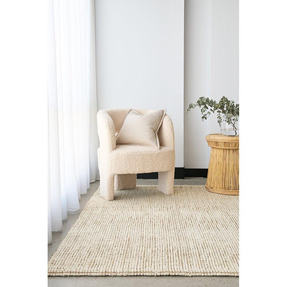 Madras Marlo White Rug featuring textured loop pattern in cream, beige and ivory on ivory background, hand-loomed wool