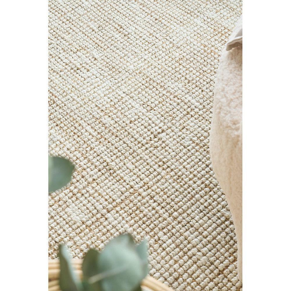 Madras Marlo White Rug featuring boucle textured weave in cream and beige on ivory background, hand-tufted wool