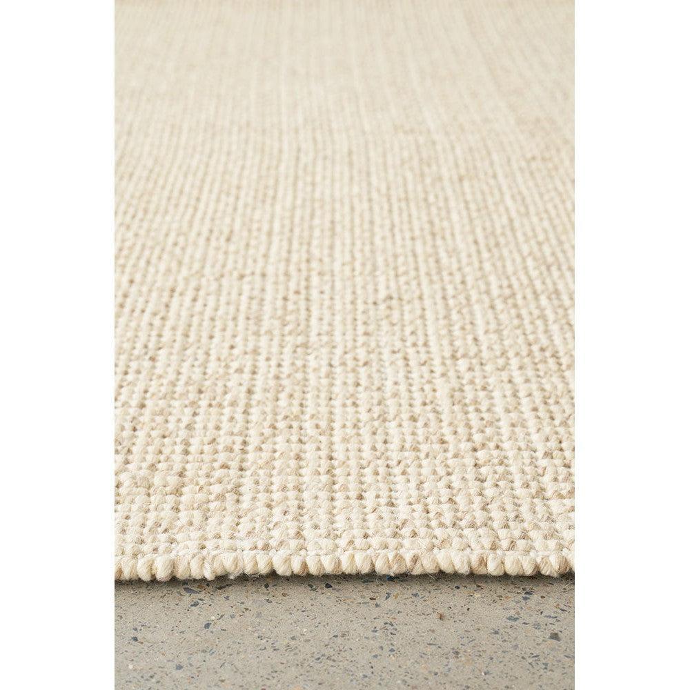 Madras Parker Cream Runner rug featuring textured woven stripe in cream, ivory & beige on light grey concrete, handwoven wool & jute