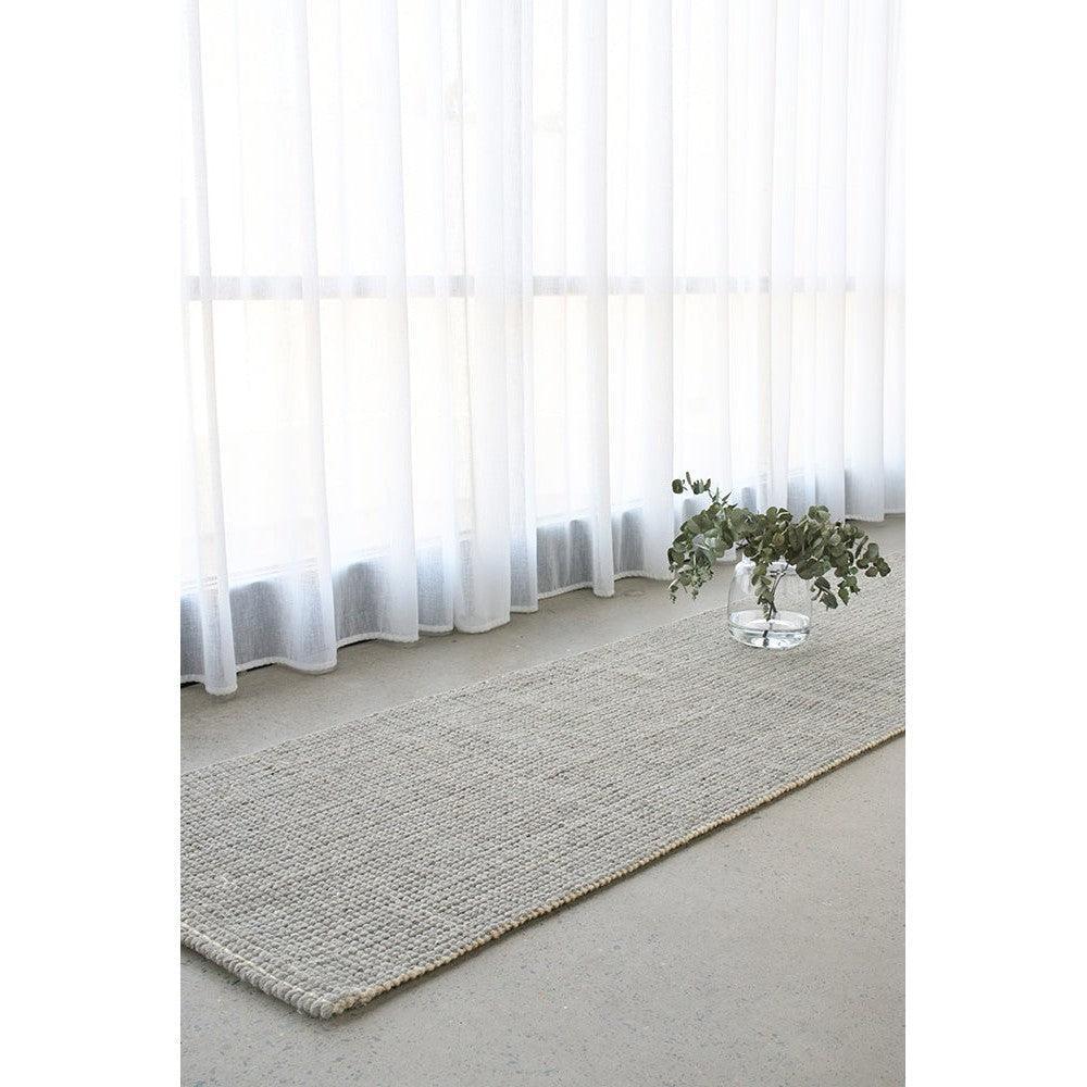 Madras Parker Dove Wool & Jute Runner Rug featuring woven texture in dove grey, cream and beige on light grey background, handwoven wool & jute
