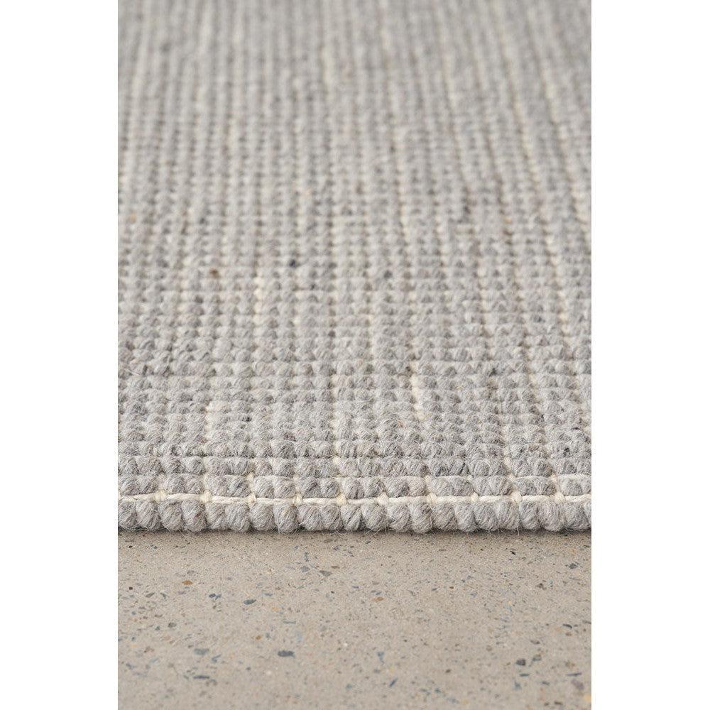 Madras Parker Dove Runner Rug featuring subtle ribbed stripe in dove grey and taupe on neutral floor, hand-woven wool & jute
