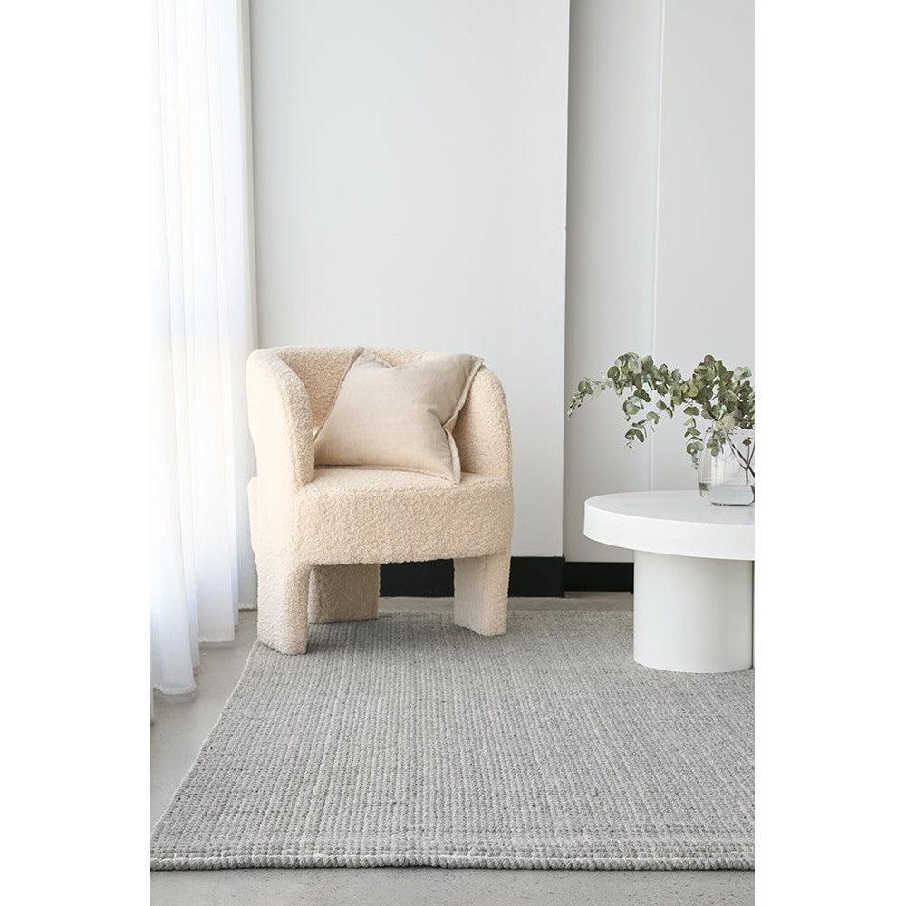 Madras Parker Dove Wool & Jute Rug featuring textured solid weave in dove grey, taupe and ivory on light beige background, hand-tufted wool