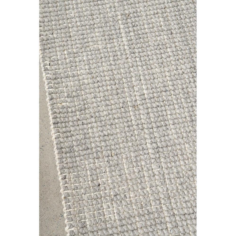 Madras Parker Dove Wool & Jute Rug featuring textured striped weave in dove grey, ivory and taupe on beige backdrop, handwoven wool & jute