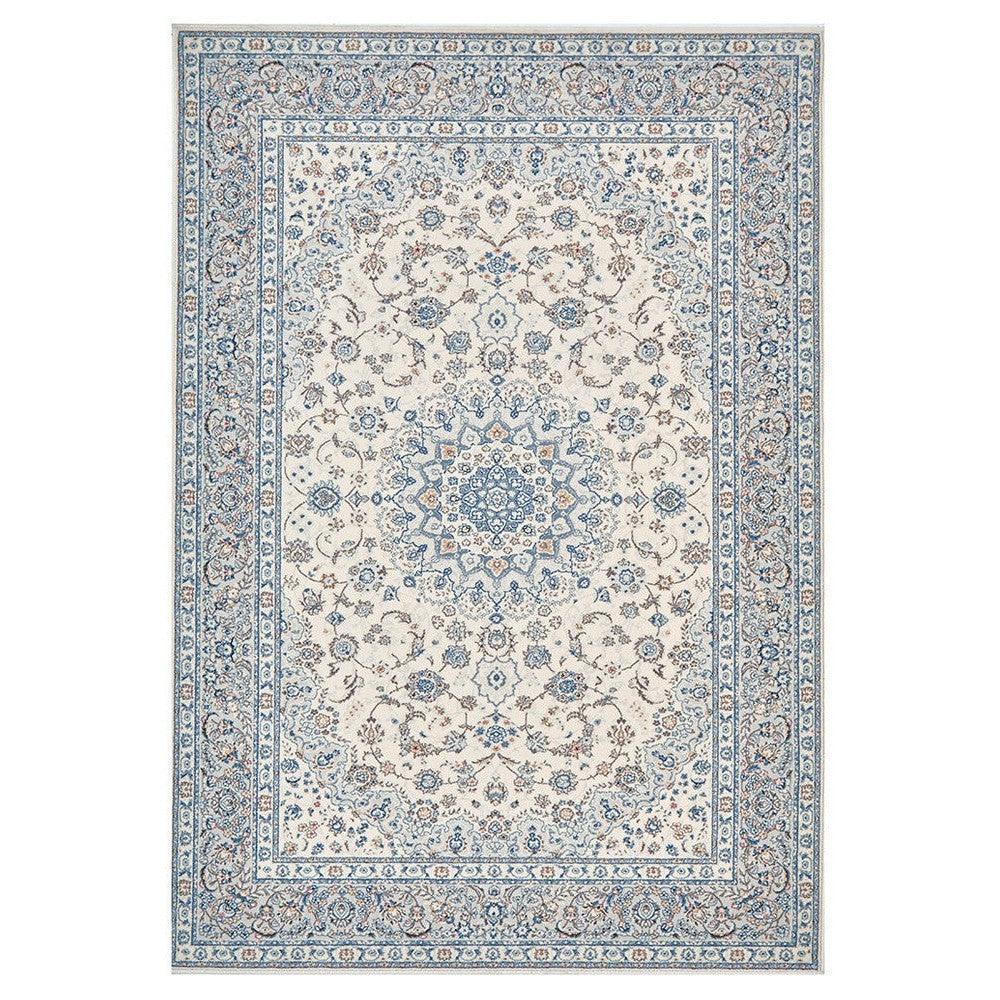 Melody Kashan Ivory Wool Rug featuring Persian floral medallion in ivory, powder blue and navy on ivory, machine-woven wool