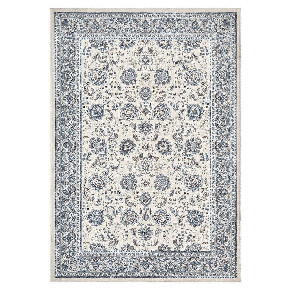 Melody Nain Cream Wool Rug featuring Persian floral pattern in navy, sky blue and beige on cream, hand-tufted wool
