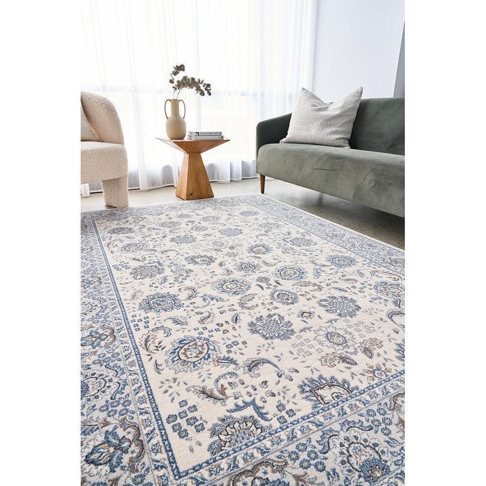Melody Nain Cream Wool Rug featuring Persian floral pattern in cream, blue and taupe on ivory, hand-tufted wool