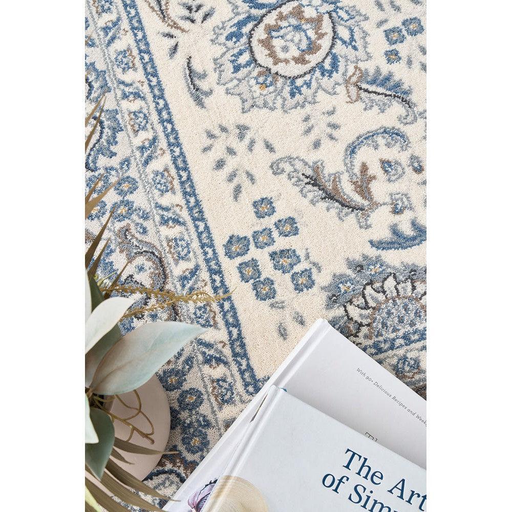Melody Nain Cream Wool Rug featuring Persian floral pattern in cream, navy blue and taupe on ivory, hand-tufted wool