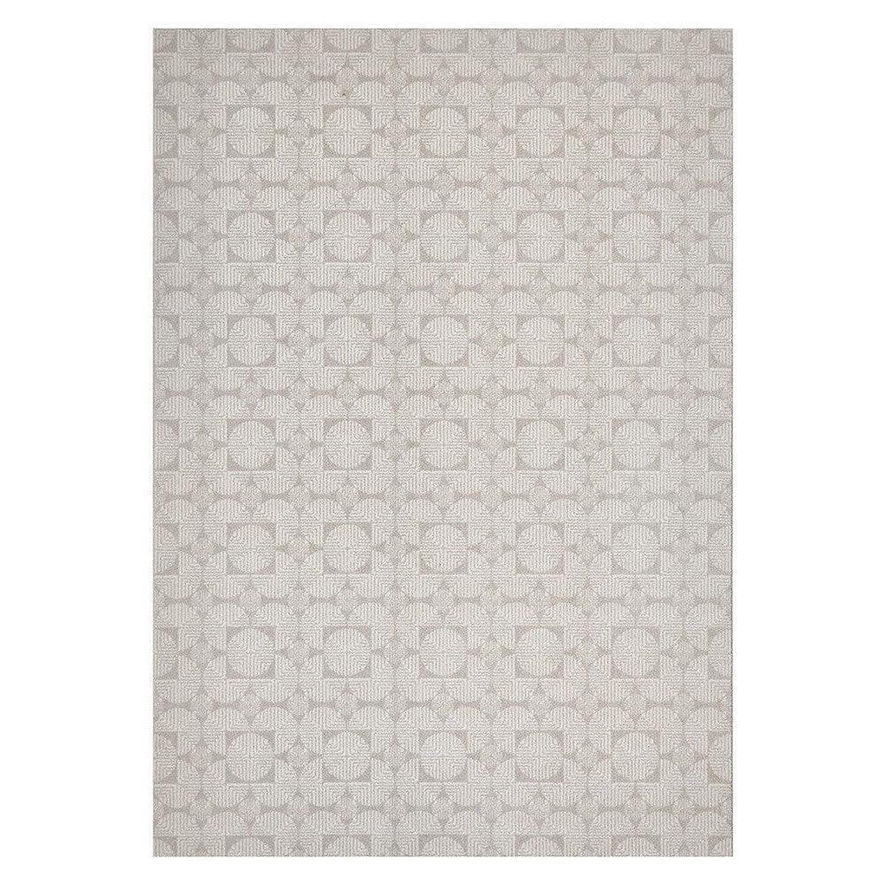 Prague Niko Silver Rug featuring geometric circular pattern in dove grey, silver and charcoal on light silver background, machine-made polyester