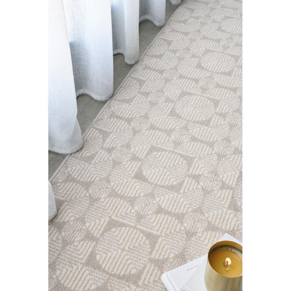 Prague Niko Silver Rug featuring geometric diamond pattern in silver, cream and taupe on light beige background, woven rug by Rug Culture