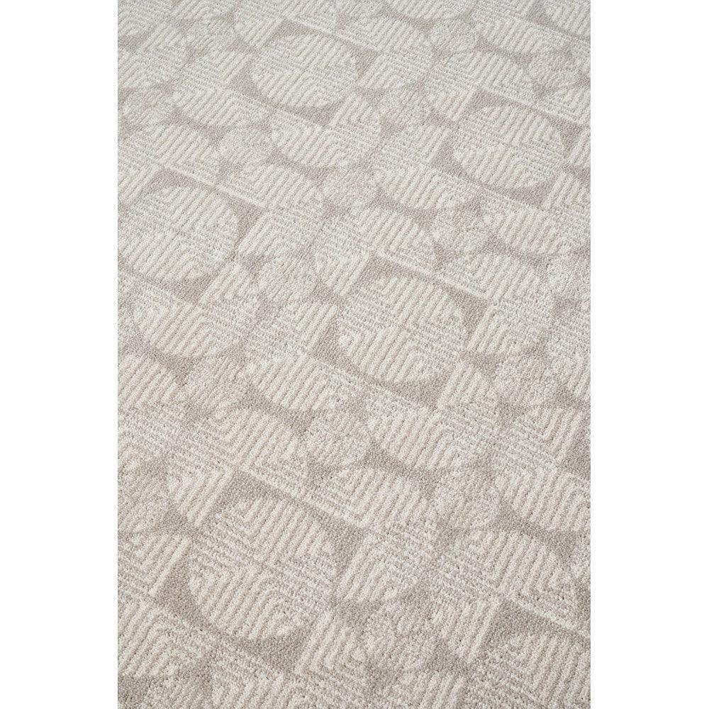 Prague Niko Silver Rug featuring geometric diamond pattern in silver, taupe and light grey on pale beige background