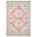 Revive Avril Rose Rug featuring ornate geometric medallion in coral pink, ivory, pale blue on light grey background, hand-tufted wool