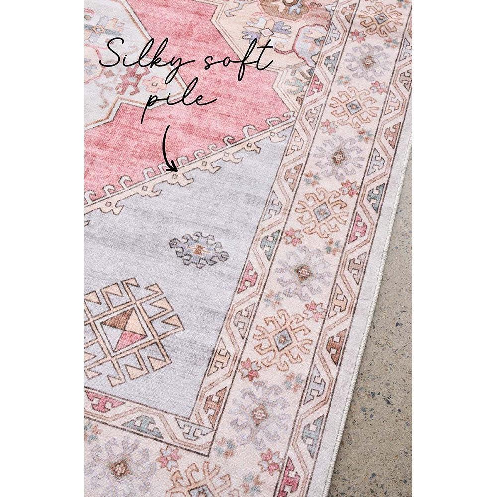 Revive Avril Rose Rug featuring vintage border in rose pink, blush, ivory and pale blue on light grey background, hand-tufted wool