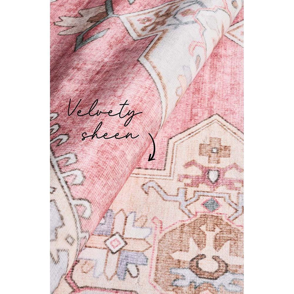 Revive Avril Rose Rug featuring vintage floral pattern in rose pink, cream, sage and brown on soft pink background, hand-tufted wool