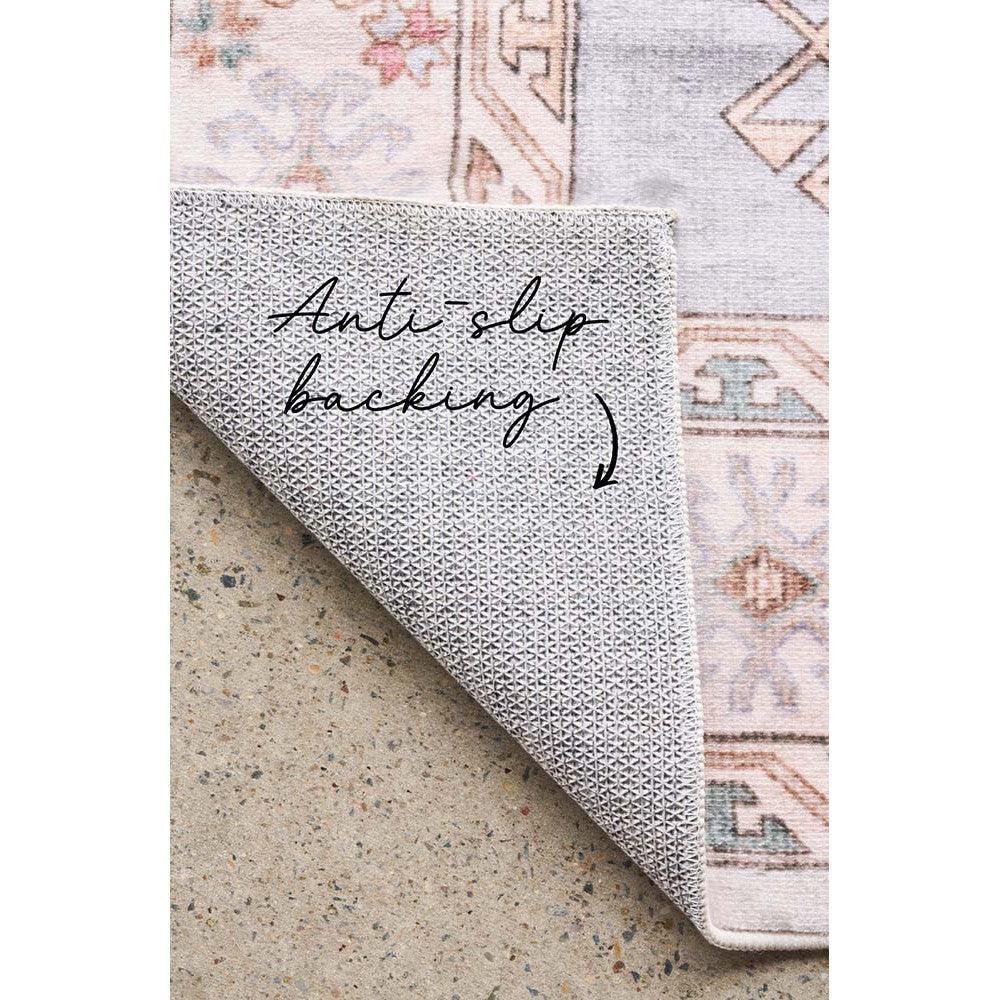 Revive Avril Rose Rug featuring vintage floral/medallion pattern in blush pink, cream and sage grey on ivory, anti-slip backing, synthetic fibres