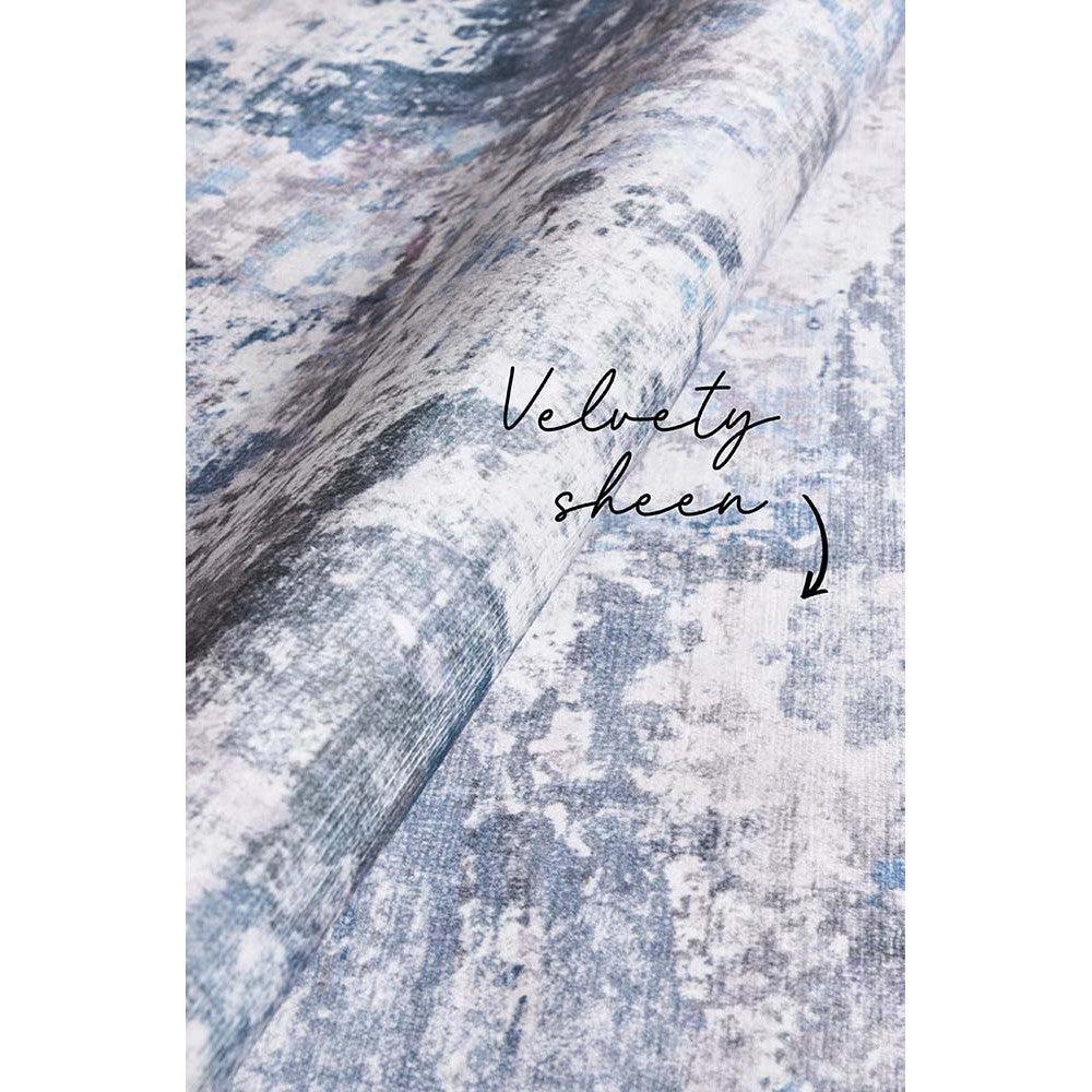 Revive Cato Blue Rug featuring abstract wash pattern in navy, sky blue and ivory on light grey background, machine-made polypropylene