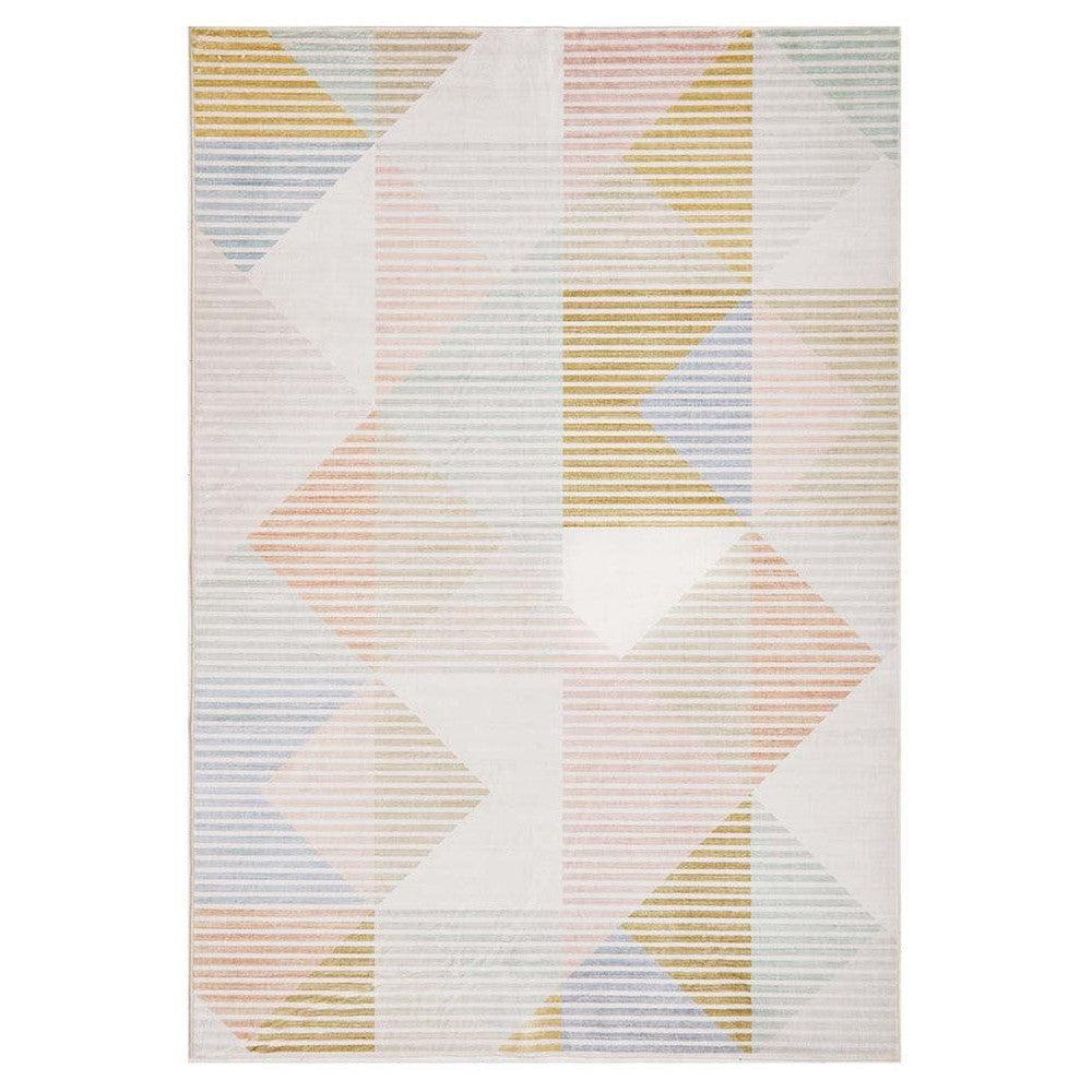 Revive Dali Pastel Rug featuring geometric triangle pattern in pastel pink, blue, mint, peach and gold on ivory background, machine-woven polyester