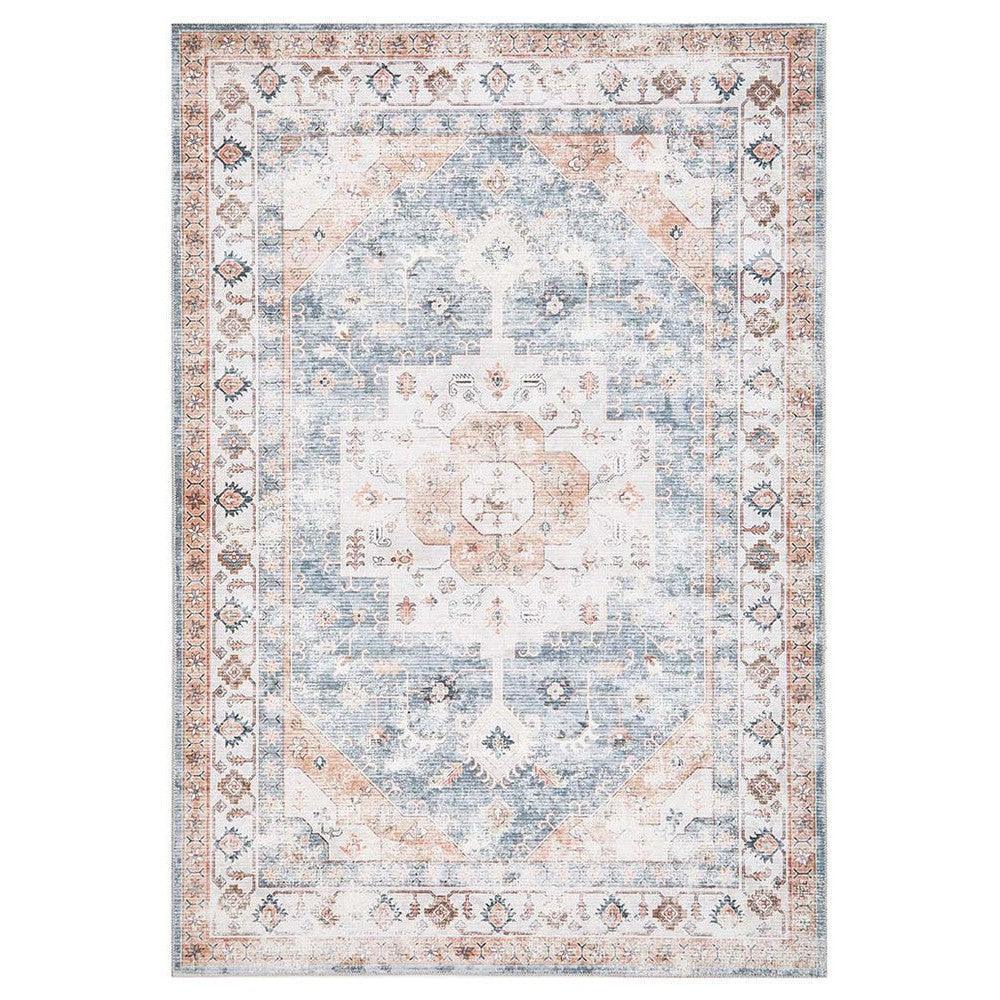 Revive Dawn Putty Rug featuring distressed vintage floral medallion and border in peach, powder blue, ivory and taupe on ivory, machine-woven wool blend