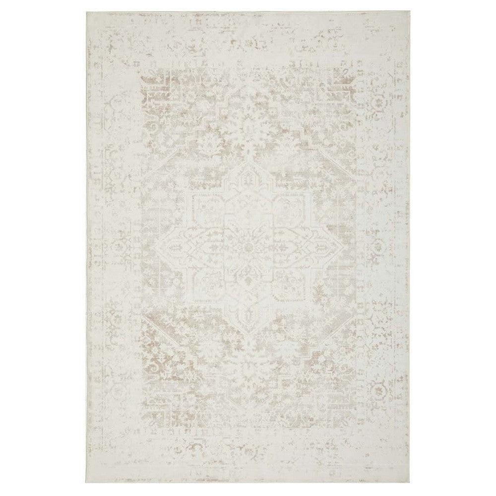 Revive Loni Natural Rug featuring distressed vintage pattern in ivory, beige and taupe on cream background, hand-tufted wool