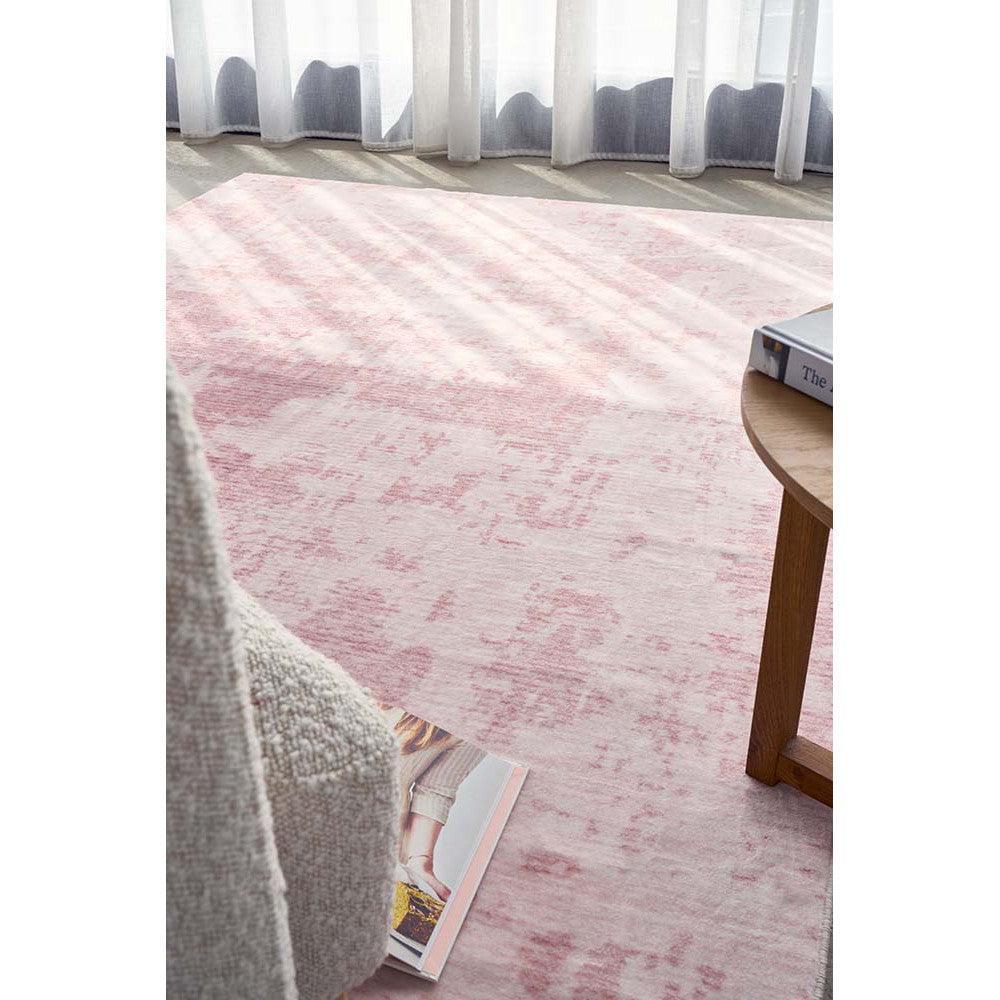 Revive Muse Blush Rug featuring abstract pink pattern in blush pink, dusty rose and ivory on pale pink, machine-woven polyester