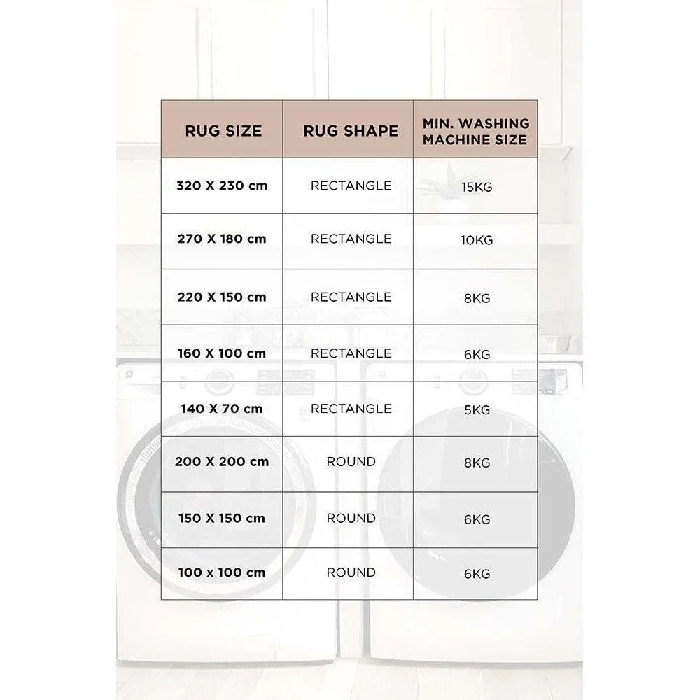 Revive Muse Blush Rug featuring size-and-shape chart in blush pink, black and white on pale backdrop, hand-tufted wool