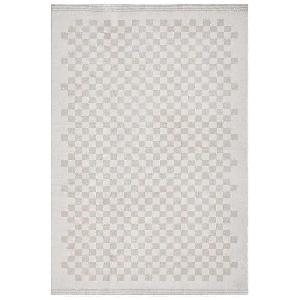 Revive Toshi Natural Rug featuring checkerboard pattern in cream, beige and blush on ivory background, hand-tufted wool