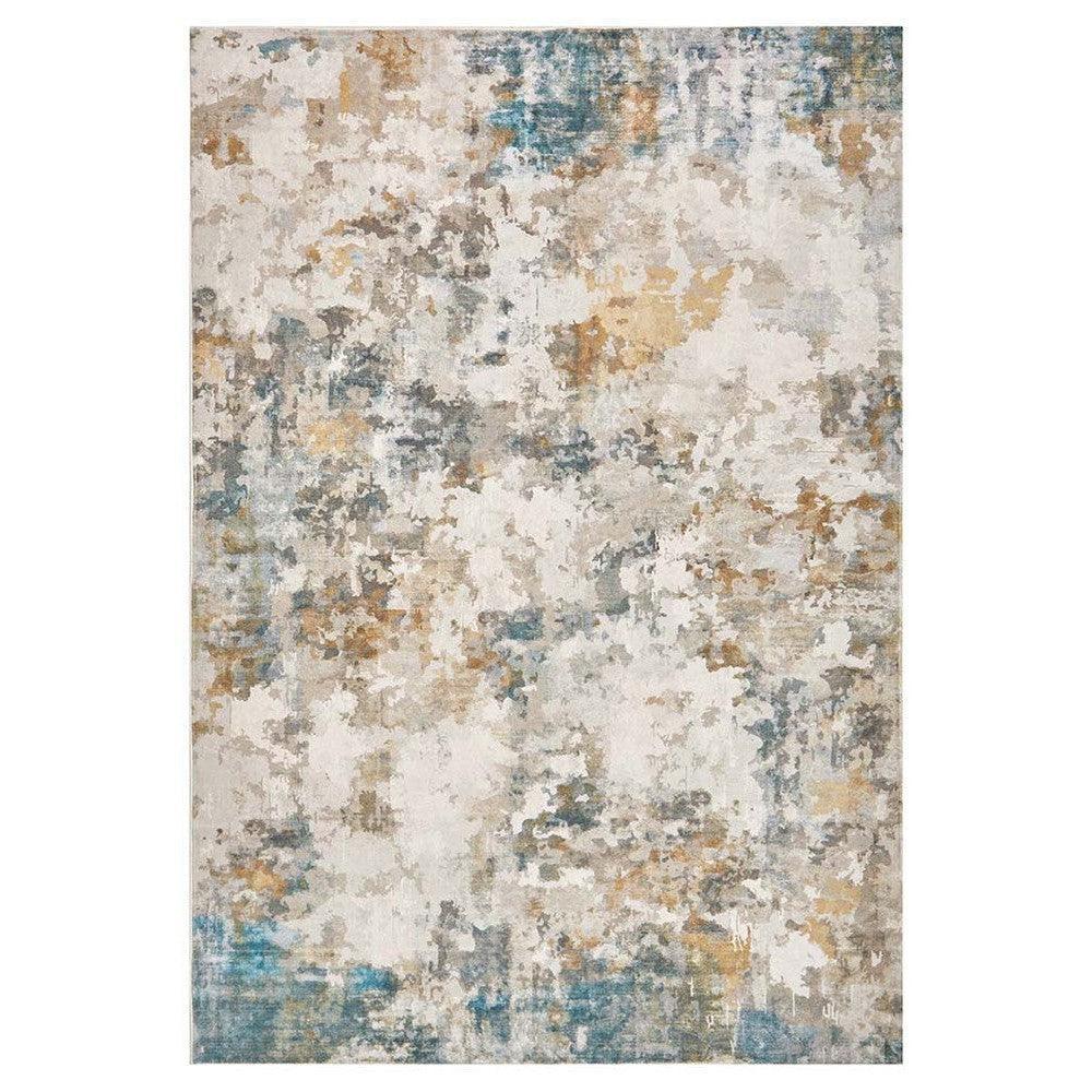 Revive Zane Marine Rug featuring abstract pattern in cream, beige, taupe and teal on ivory background, machine-woven synthetic