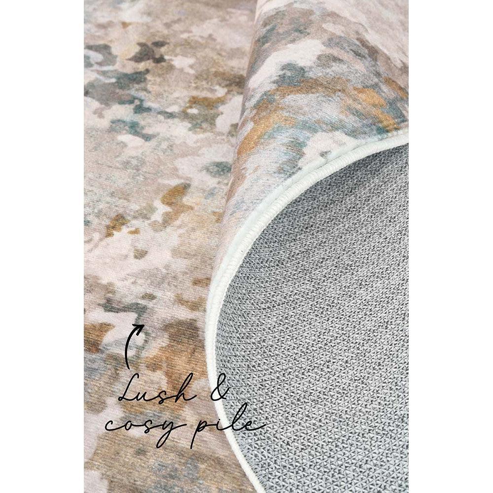 Revive Zane Marine Rug featuring abstract painterly pattern in cream, sage, teal, beige and navy on pale taupe background, hand-tufted wool
