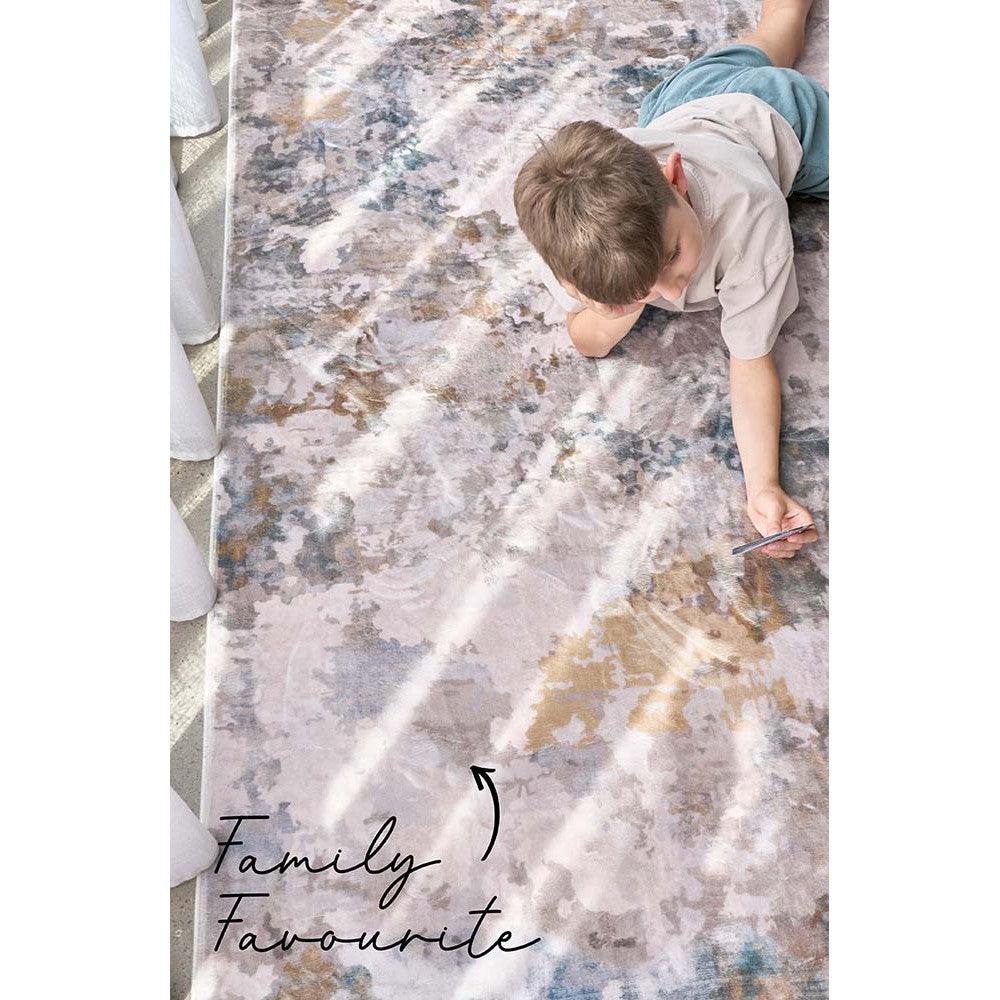 Revive Zane Marine Rug featuring abstract painterly pattern in cream, taupe, sage blue and gold on light beige, hand-tufted wool